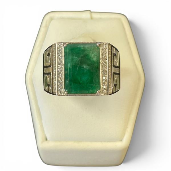 New 12.0 CT Emerald & CZ Ring Set in Sterling Silver - Size 9 1/4 - (Emerald Cut/Claw Set - Gemstone