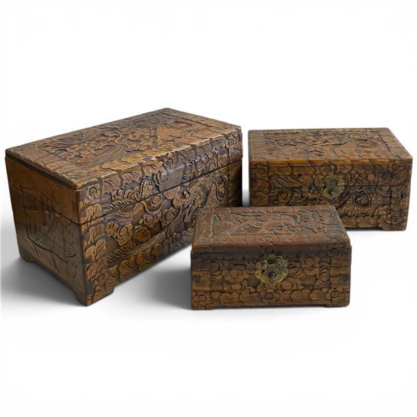 Set of 3 Vintage Carved Chinese Camphor Wood Chests - Largest is 7" x 11" x 7" tall -They nest insid