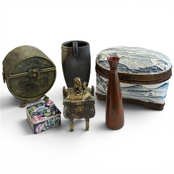 Group of Decorative Asian Collectibles - Including a bronze censure & painted woven bamboo sewing bo