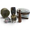 Image 1 : Group of Decorative Asian Collectibles - Including a bronze censure & painted woven bamboo sewing bo