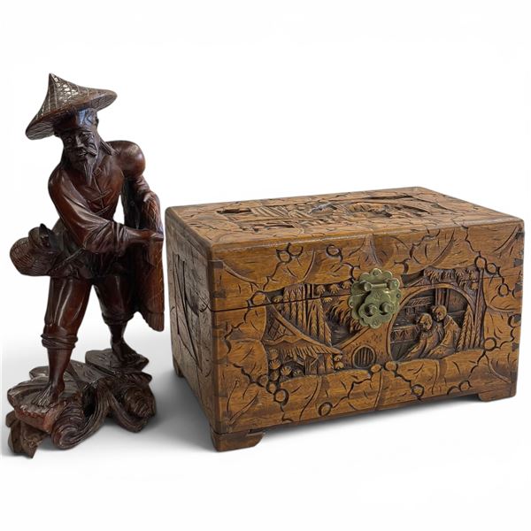 Carved Vintage Chinese Camphor Wood Box & Hardwood Sculpture - Sculpture is 12 "tall * Chest is 7" x