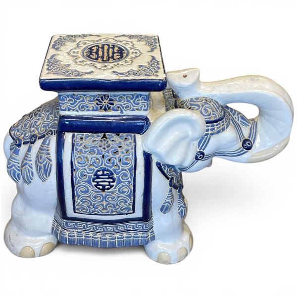 Blue & White Ceramic Elephant Garden Stool/Plant Stand - 11" x 24" x 18" tall