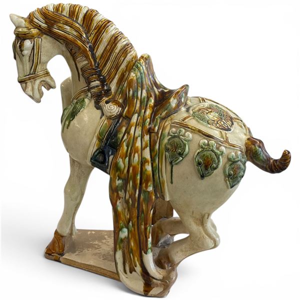 Chinese Tang Dynasty Style Sancai Glazed Ceramic Horse Sculpture - 9" x 18" x 18" tall (small chip o