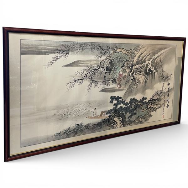 Large Framed Silkscreen Print Featuring Chinene Style Landscape With Fisherman Stamped With Red Mono