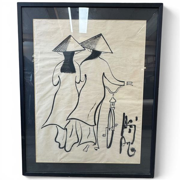 Framed Vietnamese Ink Brush Painting On Paper Depicting Two Figures in Ao Dai with Bicycles Includ