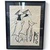 Image 1 : Framed Vietnamese Ink Brush Painting On Paper Depicting Two Figures in Ao Dai with Bicycles Includ