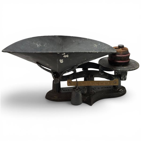 Vintage Cast Iron Mercantile Balance Scale by Burrow, Stewart & Milne Co. with Weights - Manufacture