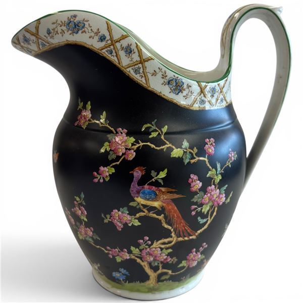 Antique Large Copeland Spode "Tokio" Jug with Peacock Design - Rare Black Finish Circa: 1857 (12" ta