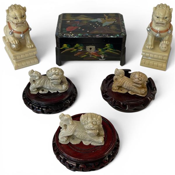 Vintage Japanese Musical Jewelry Box with Keys & 5 Carved Foo Dragon Figures (Music box is 5" x 7" x