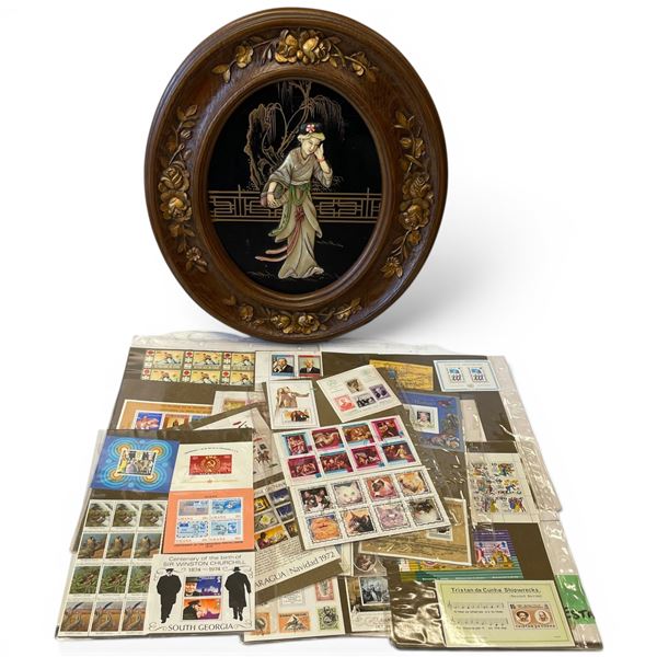 Japanese Oval Black Lacquer 3D Geisha Picture and an Assortment of World Stamps (Framed picture is 1