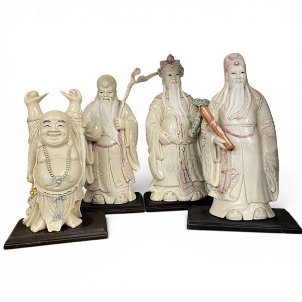 Group of 4 Resin Chinese Gods - The Chinese Three Star Gods (Fu Lu Shou), and The 10" Laughing Buddh