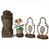 Image 1 : Terracotta Guanyin Bust, Faux Plant, & 2 Vintage Chinese Reverse-Painted Glass Eggs on Stands - Bust