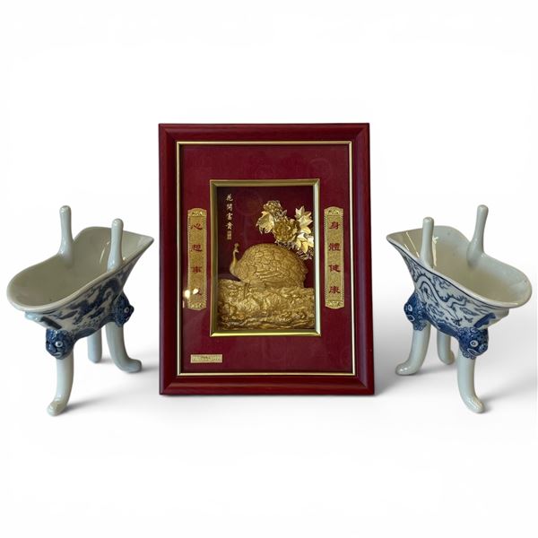 Shadow Box Framed 3D Peacock & Peony Flowers & 2 Chinese Porcelain "Jue" Wine Vessels (Frame is 7