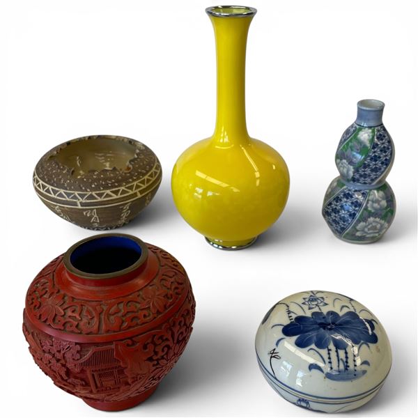 Group of 5 Asian Vases and Dishes from a Wide Variety of Materials - Yellow vase is 10" tall x 5.5" 