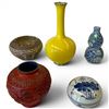 Image 1 : Group of 5 Asian Vases and Dishes from a Wide Variety of Materials - Yellow vase is 10" tall x 5.5" 