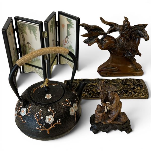5 Pcs. Group of Asian Items - Iron Tea Pot, Mini Folding Screen, & 3 Carvings (Mini screen is 8" tal