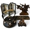 Image 1 : 5 Pcs. Group of Asian Items - Iron Tea Pot, Mini Folding Screen, & 3 Carvings (Mini screen is 8" tal