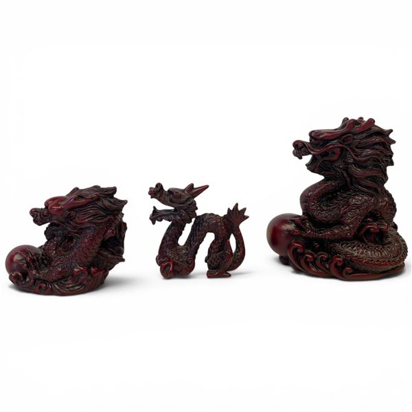 Vintage Hand-Carved Red Resin Chinese Dragon Statues - Sold in sets to represent luck, success, and 
