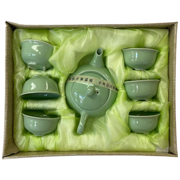 New Chinese Ceramic Celadon Koi Fish Tea Set in Presentation Box - Raised Gold Fish Relief in Bottom