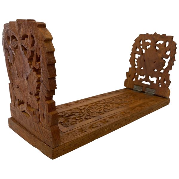 Vintage Ornate India Carved Wood Book Holder - 5" x 13"