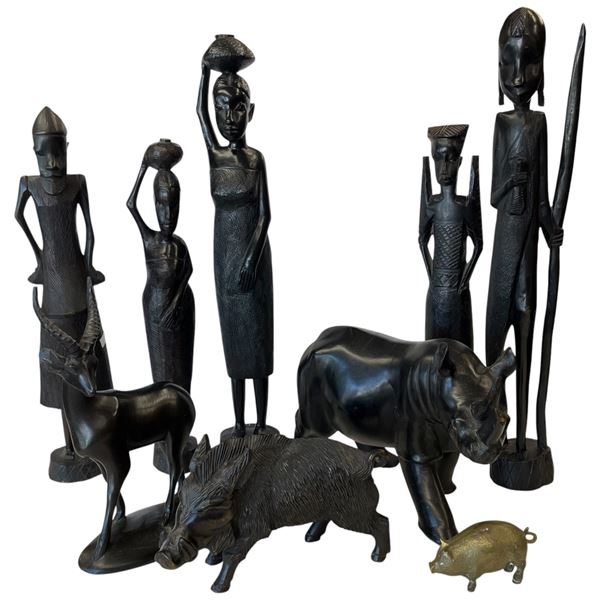 Group of Carved Kenyan Besmo Figures & a Tiny Brass Pig - Tallest is 20"