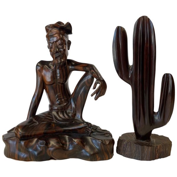 Carved Dark Wood Asian Fisherman & Minimalist Cactus ( Fisherman is 6" x 11" x 13" tall)