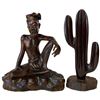 Image 1 : Carved Dark Wood Asian Fisherman & Minimalist Cactus ( Fisherman is 6" x 11" x 13" tall)