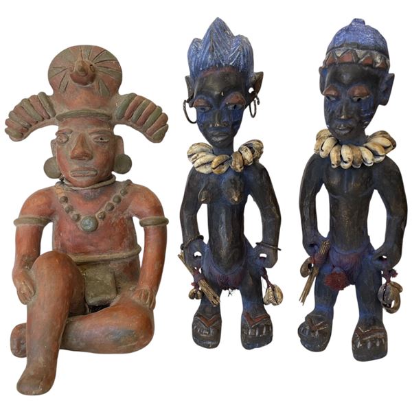 Mexican Terracotta Figure & Yoruba Ere Ibeji Twin Figures from Nairobi (Twins are 11" tall)