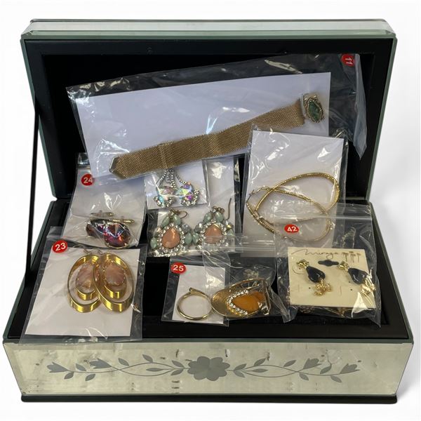 Mirrored Jewelry Box with Assorted Clean Jewelry - Box measures 5.5" x 10" x 4" deep