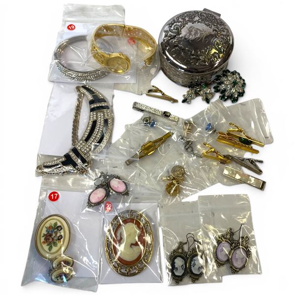 Round Box of Assorted Jewelry and Watch - Includes Silver Plated Trinket Box with Rhinestone Brooch