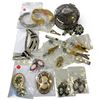 Image 1 : Round Box of Assorted Jewelry and Watch - Includes Silver Plated Trinket Box with Rhinestone Brooch