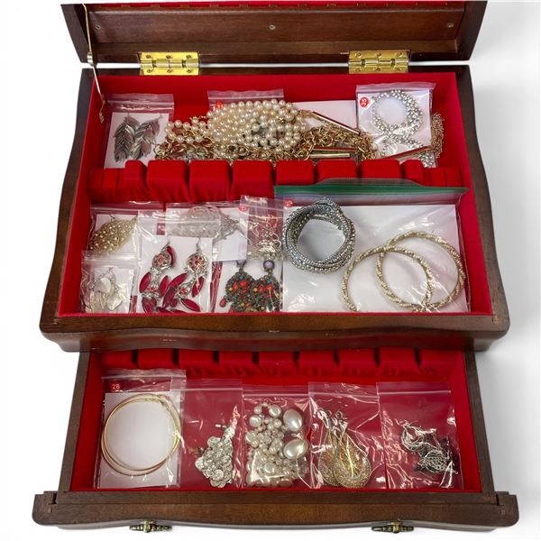 Wood Cutlery Box with a Selection of Costume & Fashion Jewelry