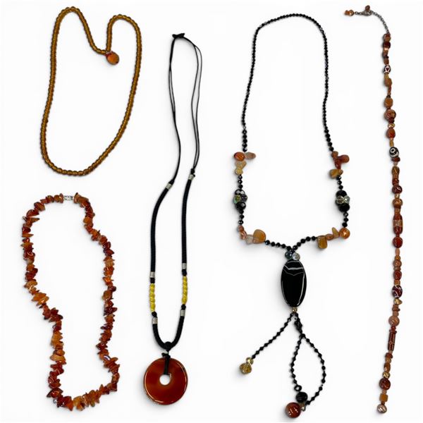 5 Natural Gemstone Necklaces (Amber, Carnelian & Agate Beads) (One needs repair)