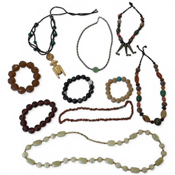 5 Natural Gemstone, Stone& Bead Necklaces & 4 Bracelets (Jade, Red Jasper, Coral, Wood & Agate Beads