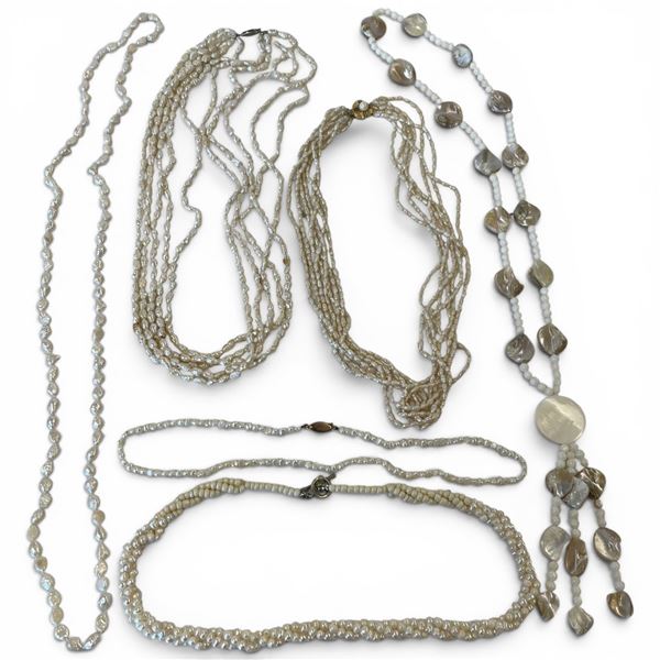 Antique Silver Plated Jewel Box with 6 Freshwater & Other Pearl Necklaces - Embossed cubic box measu