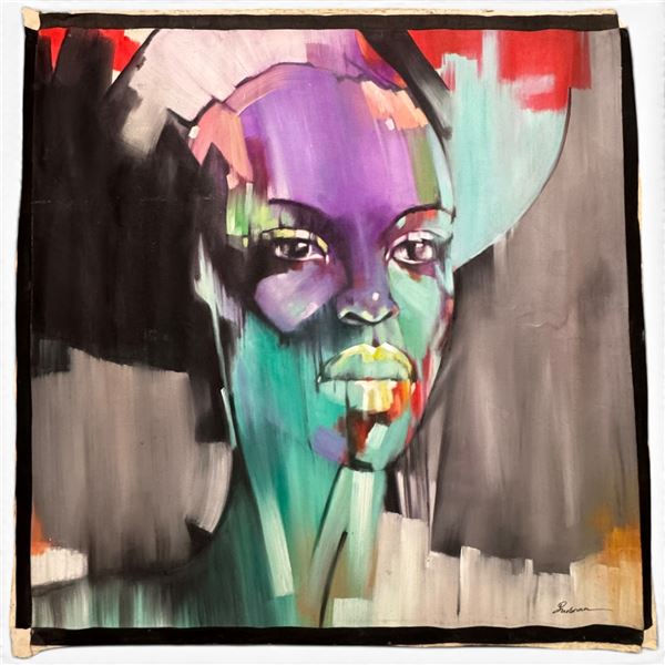 Original 63" X 63" Portraiture Painting on Canvas Style of Peter Pharoh Signed Sudormen