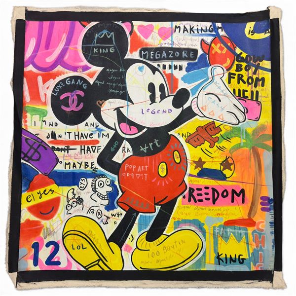 Pop Art 44" X 44" "Mickey Mouse" Painting in the Style of Jibar Signed Sana