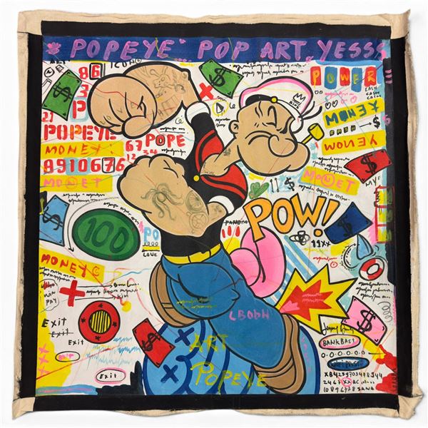 Graffiti-Style Painting of Popeye the Sailor in the Style of Rico Sab - 44" X 44" Signed Sana