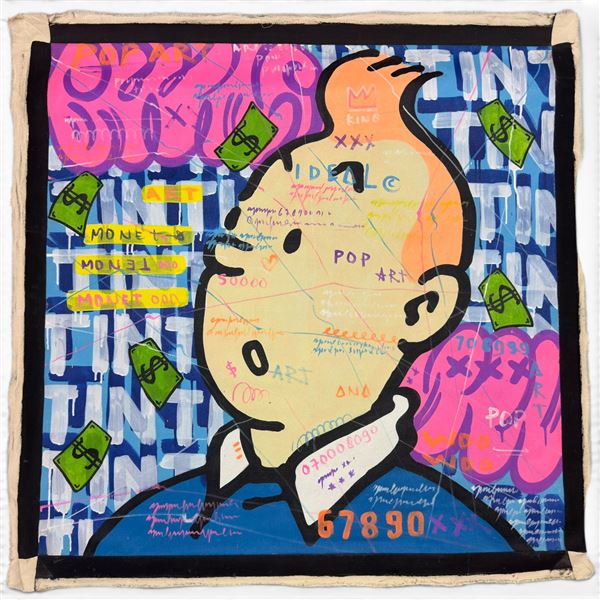 Pop Art Painting of "Tintin and Milouin" the Style of Priscilla Vettese -44" X 44" Signed Sana