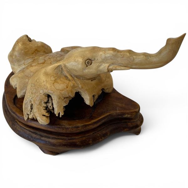 Clever Elephant Sculpture Carved From Burl Wood Root - 4" x 6" x 3" tall at the tusk - Stand include