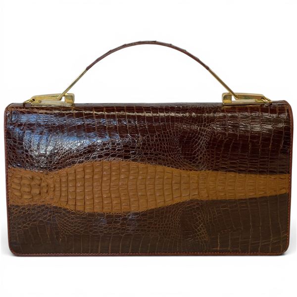 Vintage Crocodile Skin Hand Bag - 1.5" x 12" x 7" tall - Structured accordion bag with fold over fla