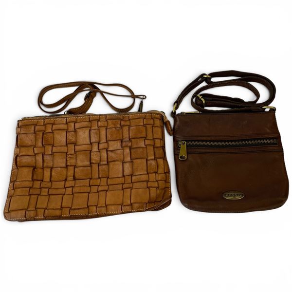 Costanza Rota Woven Leather Crossbody Bag & Fossil Brown Leather Purse - Preowned - Woven bag is 3"