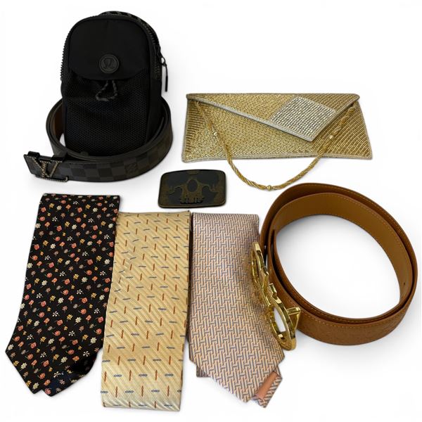 Group of Belts, Ties, Belt Buckle and Purse - Glittering evening purse, belts with XL & Ferragamo bu