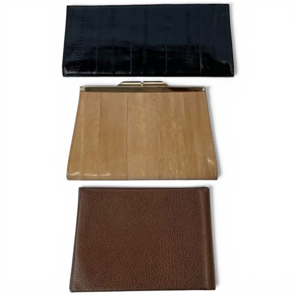2 Vintage Eel Skin & 1 Brown Leather Billfold Wallet - Preowned