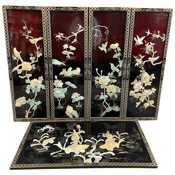 5 Black Lacquered Wood Wall Panels Inlaid with Delicate Mother of Pearl, A Set of 4 Tall Vertical Pa