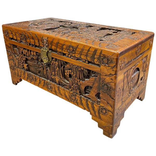 Carved Vintage Chinese Camphor Wood Blanket Chest with Brass Lock - 25" x 14" x 16" tall