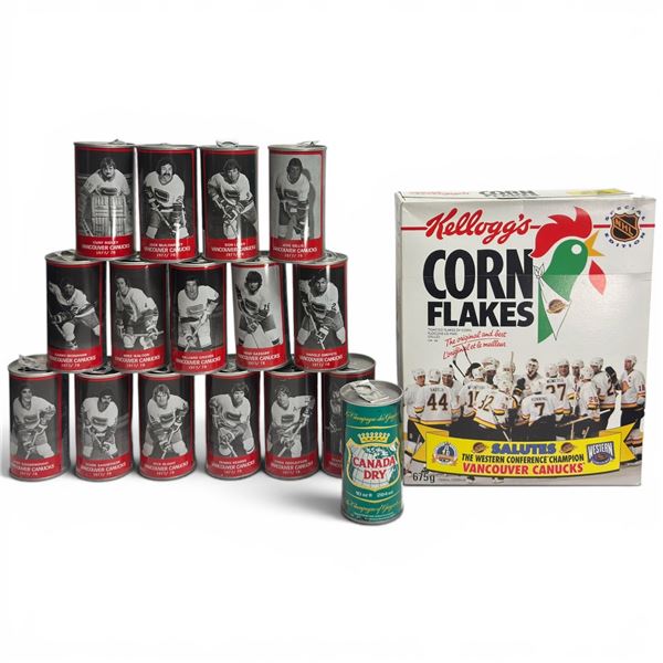 Vintage NHL Late 70's Canada Dry Vancouver Canucks Collectable Cans & Box of Unopened Cornflakes