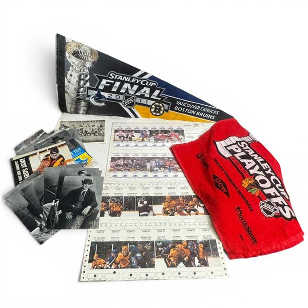 Collection of Vancouver Canucks Towels, Photos and Uncut Sheet of 1989 Tickets