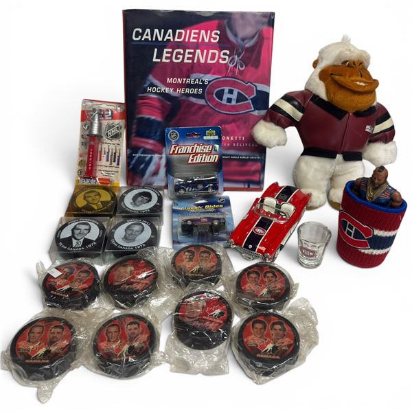 Collection of Montreal Canadiens Diecast, Stuffies, Toys and 1972 Pucks and More