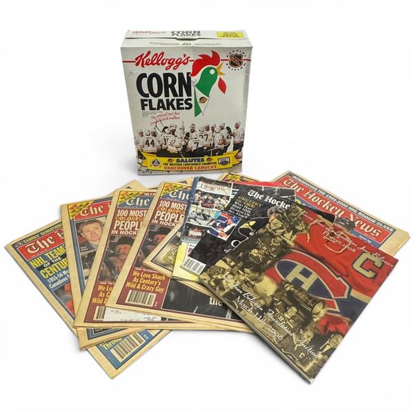 Collection of Vintage Hockey News Magazine, Unopened Canucks Cornflakes and More